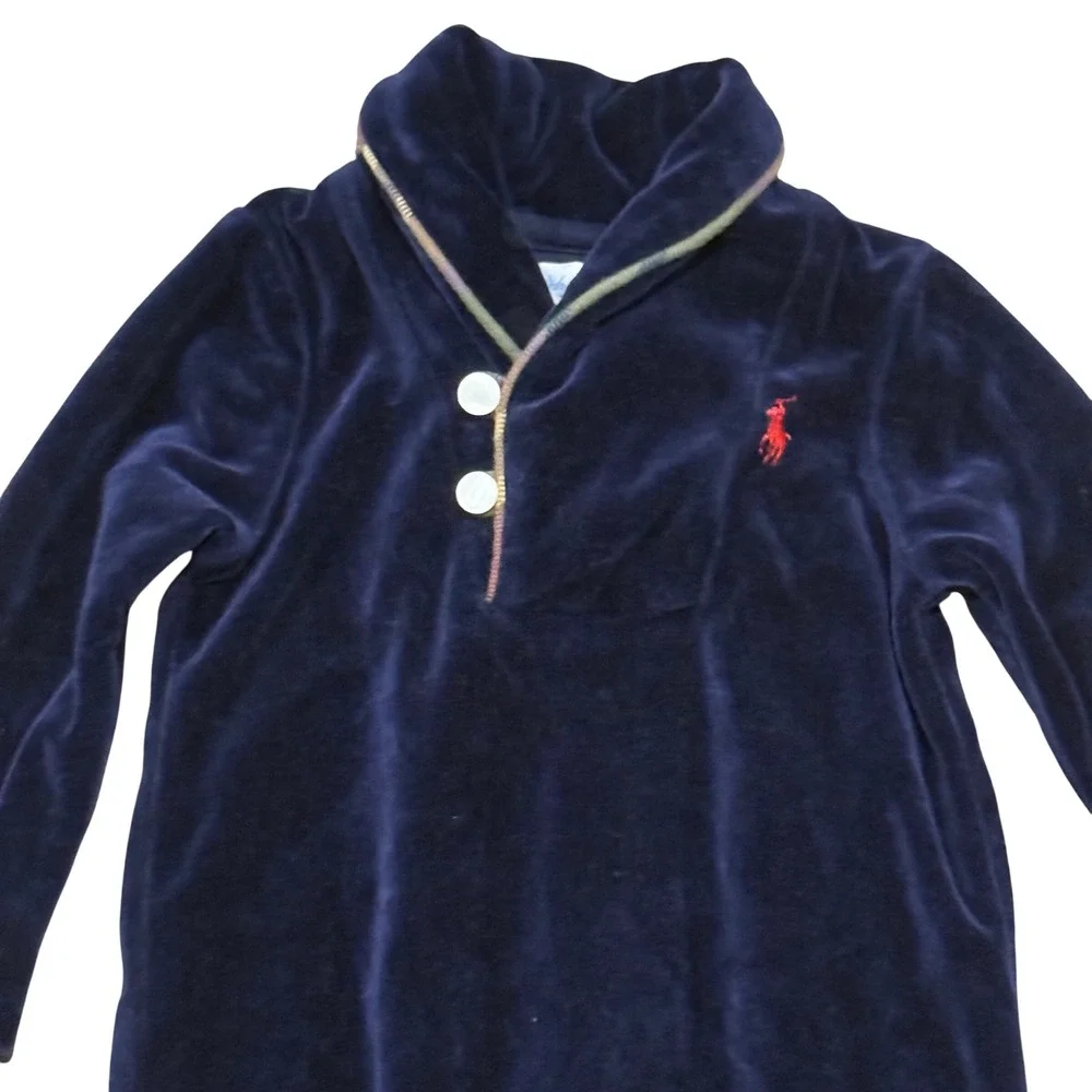 Ralph Lauren Baby Boys Navy Blue Velour Footed Sleeper Plaid Trim 6M